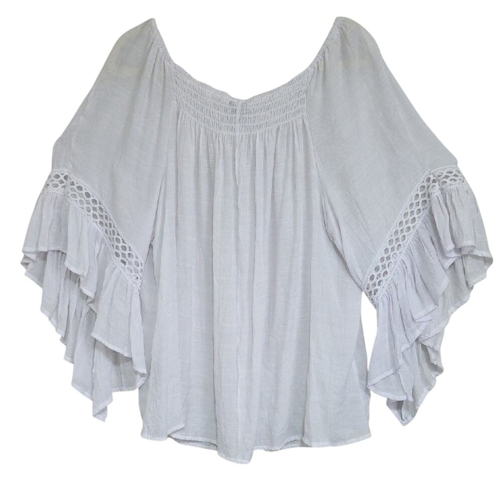 Womens Sz 3X White Ruffle Sleeve Smocked Peasant Beach Fairy Top Unique Spectrum - Picture 2 of 10